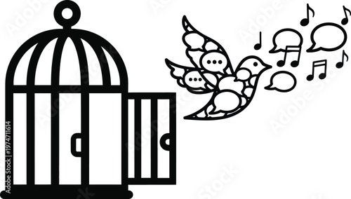 birds flying out of cage with music notes
