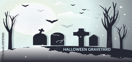 Spooky Halloween graveyard landscape silhouette with dead trees bats and tombstones isolated on light background horror cemetery vector graphic design vector illustration.