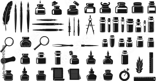 Vintage stationary and calligraphy silhouette set featuring ink bottles, dip pens, quill, magnifying glass, scrolls, and drafting tools for creative retro design projects,
