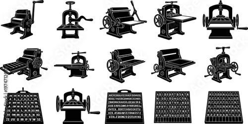 Set of vintage printing press icons, antique letterpress machine silhouettes, wooden type blocks, and mechanical publishing equipment for graphic design and historical industry.