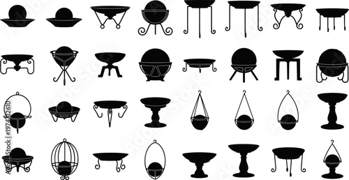 Set of black silhouette icons of braziers, fire pits, outdoor metal heating bowls, garden fireplaces, and hanging charcoal burners for landscaping and yard design,