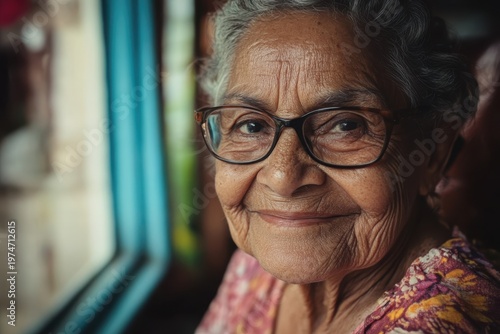 A Smiling Elderly Woman Wearing Glasses in Soft Light at Home