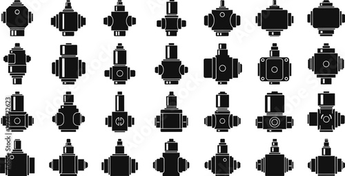 Set of black technical vector silhouettes of industrial valve components, pressure regulators, and hydraulic equipment icons 