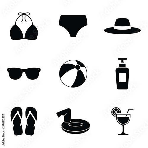 Black and white summer vacation and beach holiday icons set including bikini, hat, sunglasses, ball, sunscreen, flip-flops