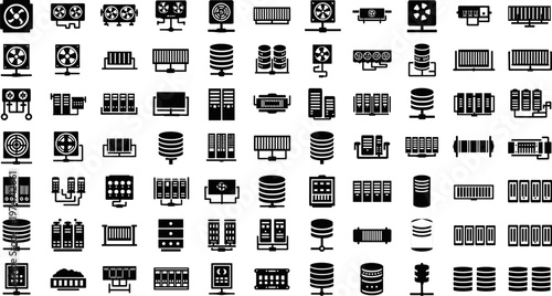 Server, data center, and network infrastructure icons set for cloud computing, database storage, hardware maintenance, web hosting, technology, and digital communication systems,