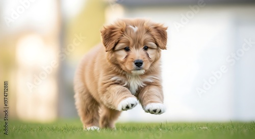 Adorable Puppy Running on Green Grass with Joyful Expression.