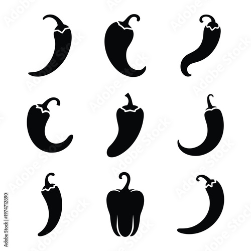 Collection of diverse chili pepper and bell pepper silhouettes in black and white