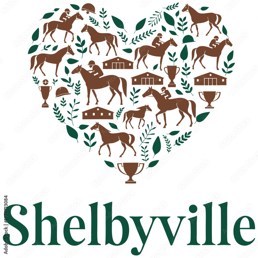 Fototapeta premium Shelbyville Equestrian Heart Illustration Featuring Horse Racing Elements, Jockeys, Stables, and Trophies in a Decorative Foliage Arrangement