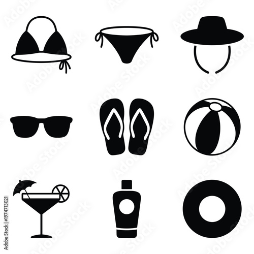Summer vacation and beach holiday icons set with swimwear, sunglasses, hat, flip flops and ball
