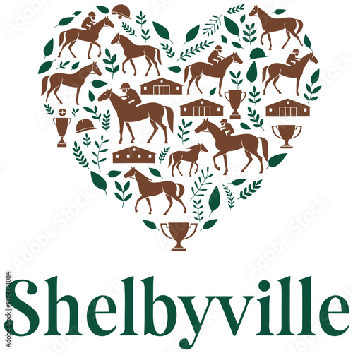 Shelbyville Equestrian Heart Illustration Featuring Horse Racing Elements, Jockeys, Stables, and Trophies in a Decorative Foliage Arrangement