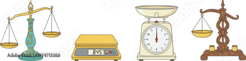 Collection of weight scales featuring vintage brass balance scales modern digital electronic scale and mechanical kitchen scale vector.