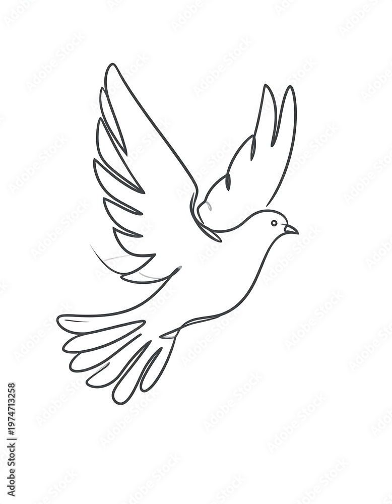 Fototapeta premium A simple, elegant line drawing depicts a dove in mid-flight against a pure white background. The bird's wings are spread