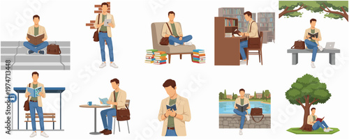 Flat Illustration Diverse Man Reading Book in Various Locations Set