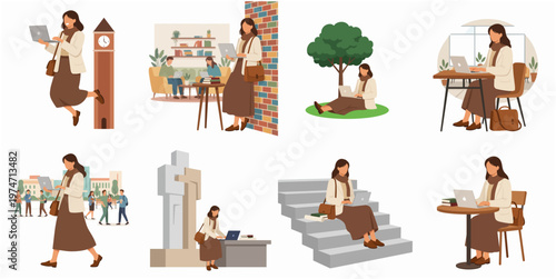 Elegant Flat Style Young Woman Working Remotely Lifestyle Illustration Set