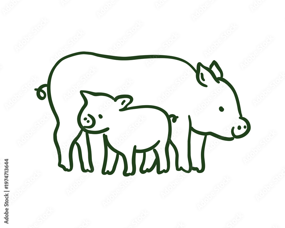 Fototapeta premium Hand-drawn doodle of a mother pig with her small piglet. Minimalist black ink sketch representing farm animals, livestock breeding, and animal care. Isolated on white background.