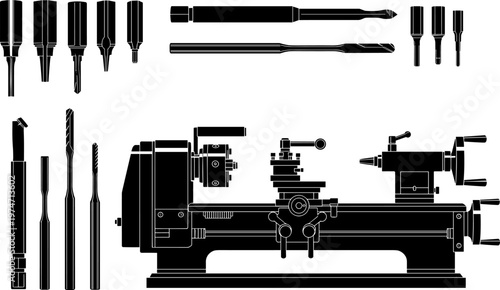 Lathe machine silhouette with industrial metal turning tools, drill bits, and precision machining equipment 
