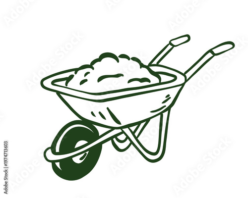 Hand-drawn doodle of a garden wheelbarrow filled with soil or harvest. Minimalist black ink sketch representing gardening work, farm equipment, and backyard maintenance. Isolated on white background.