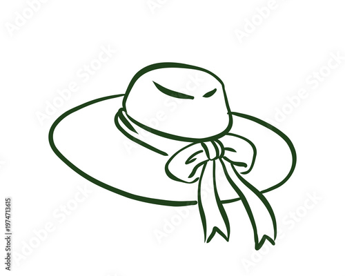 Hand-drawn doodle of a wide-brimmed sun hat with a ribbon bow. Minimalist black ink sketch representing gardening apparel, summer fashion, and sun protection. Isolated on white background.