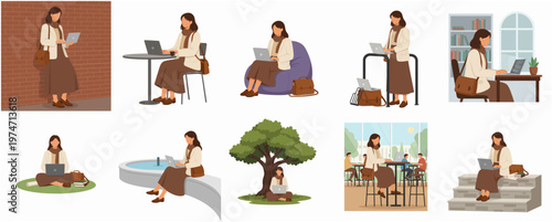 Flat Isolated Woman Working Outdoors with Laptop Illustration Various Location