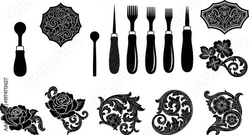 Leather craft tool set and vintage floral ornament collection, professional engraving equipment with decorative damask patterns and baroque filigree rose silhouettes for design.