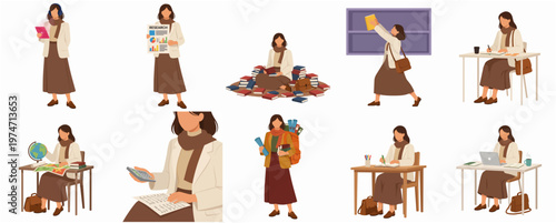 Flat Style Various Activity of Female College Student in Campus Life Illustration