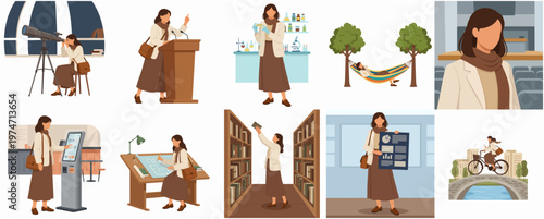 Colorful Handdrawn Lifestyle Woman Various Activity Concept Illustration Set