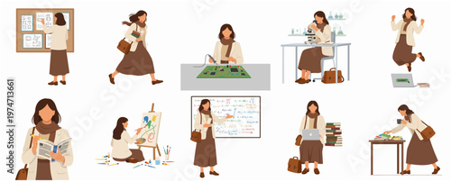 Flat Style Various Activities of a Female Student Illustration Design