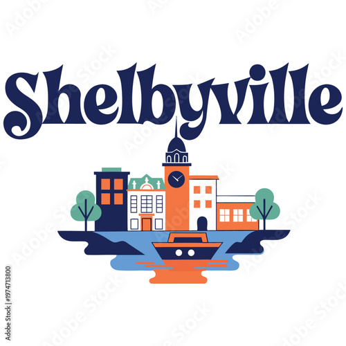 Shelbyville City Skyline Graphic with Historic Clock Tower and Boat on Riverfront. Modern Vector Illustration for Travel, Tourism, and Local Souvenirs