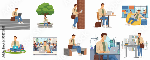 Stylized Flat Design Man Using Laptop in Various Public Places