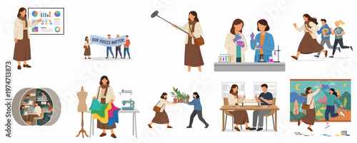 Flat Design Variety of Different Professional Woman Character in Action Illustration