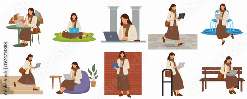 Flat Simple Young Woman with Laptop Various Location People Illustration