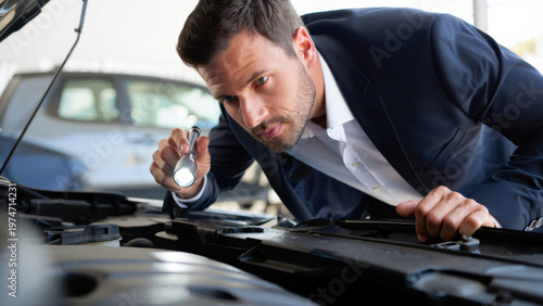 Professional auto consultant in a formal suit, using a flashlight to inspect the car engine bay and vehicle condition for a potential buyer, during a pre-purchase diagnostic service at a lot