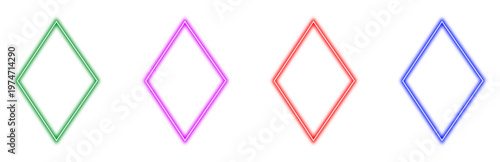 Set of four colorful glowing neon diamond shapes, perfect vector illustration for borders, frames, and modern design projects, offering futuristic light effects.