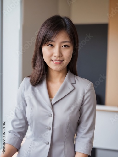 Free Download Confident Asian Businesswoman Smiling in Modern Office, Portrait - GFXLoad