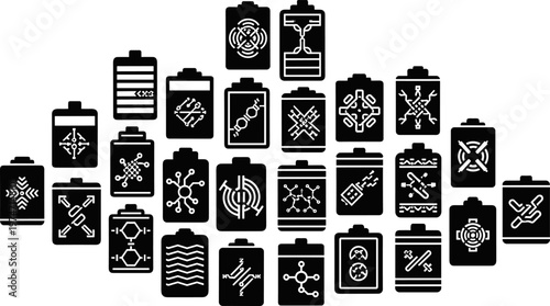 Abstract vector set of tech battery icons featuring circuit board patterns, microchip neural networks, digital energy storage silhouettes, and futuristic 