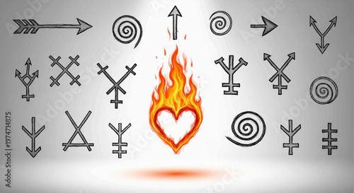 Occult mystical symbols and burning heart vector set, esoteric alchemy signs and ancient runes, spiritual magic icons for witchcraft