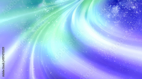 幻想的な青と紫の光が波のように流れる、宇宙やオーロラをイメージした抽象的なデジタルバックグラウンド。輝く星屑のような粒子とエネルギーに満ちた曲線が織りなす、未来的でマジカルなデザイン