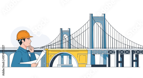 Engineer contemplating bridge construction with blueprint in hand