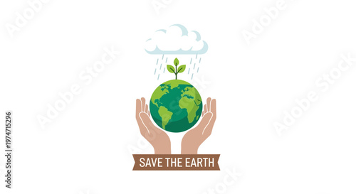Eco-friendly illustration of hands holding Earth with plant and rain
