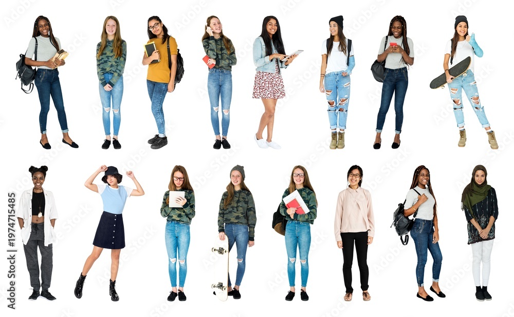 Obraz premium Diverse group of stylish students element set isolated on white