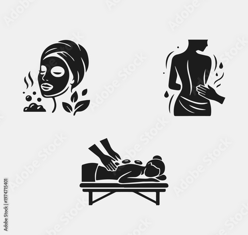 Spa and Wellness Icon Set: Facial Treatment, Back Massage with Essential Oils, and Hot Stone Therapy Silhouette for Beauty Salon and Healthcare Branding