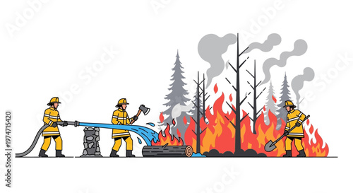 Firefighters battling forest fire with hoses and equipment