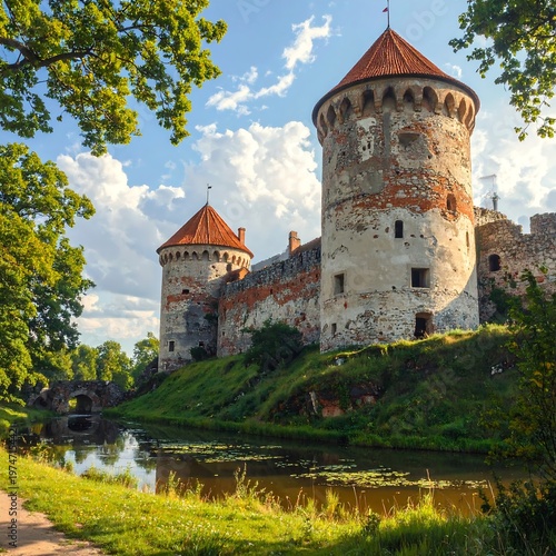 A medieval castle with two towers beside a serene lake (1)