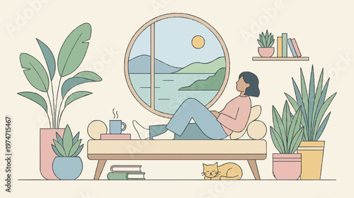 A soothing self-care illustration representing mental health, relaxation, and mindfulness in a modern visual style