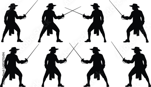 Silhouettes of swordsmen in historical costumes engaged in fencing duels.