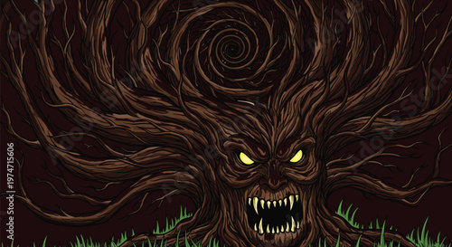 Terrifying evil tree monster with glowing eyes and sharp teeth in a dark forest.