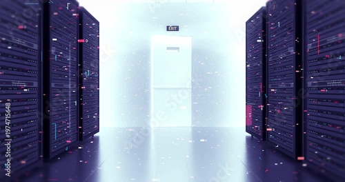 High tech infrastructure with data center servers and glowing circuitry. Technology Related 3D Animation.