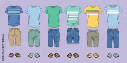 Collection of summer casual men's clothing including t-shirts, shorts, and sandals.