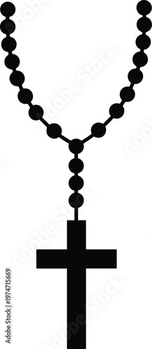 Black rosary beads with a cross pendant on a transparent background.