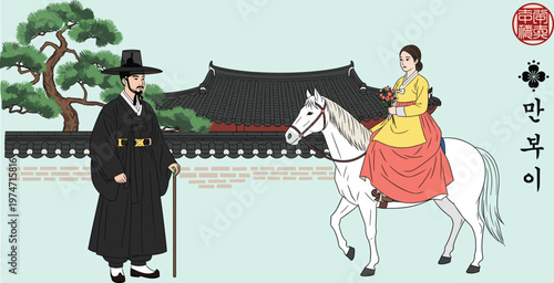 Korean man and woman in traditional hanbok attire with horse in front of historic building.